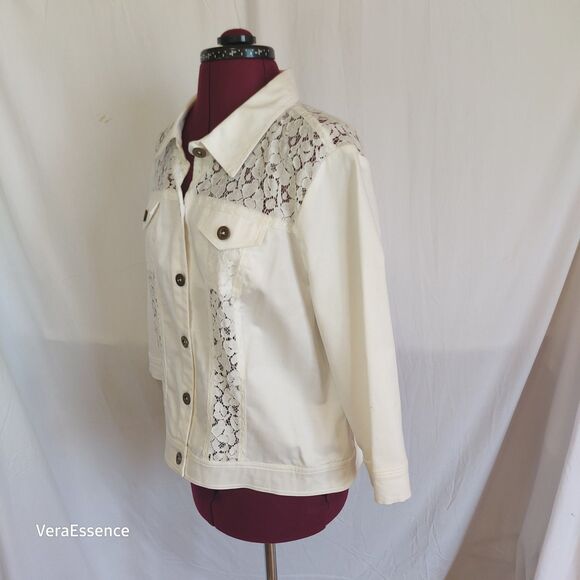 Joan Rivers Button Or Open Front Lace Jacket Blazer White Cotton Blend Medium - Picture 3 of 11